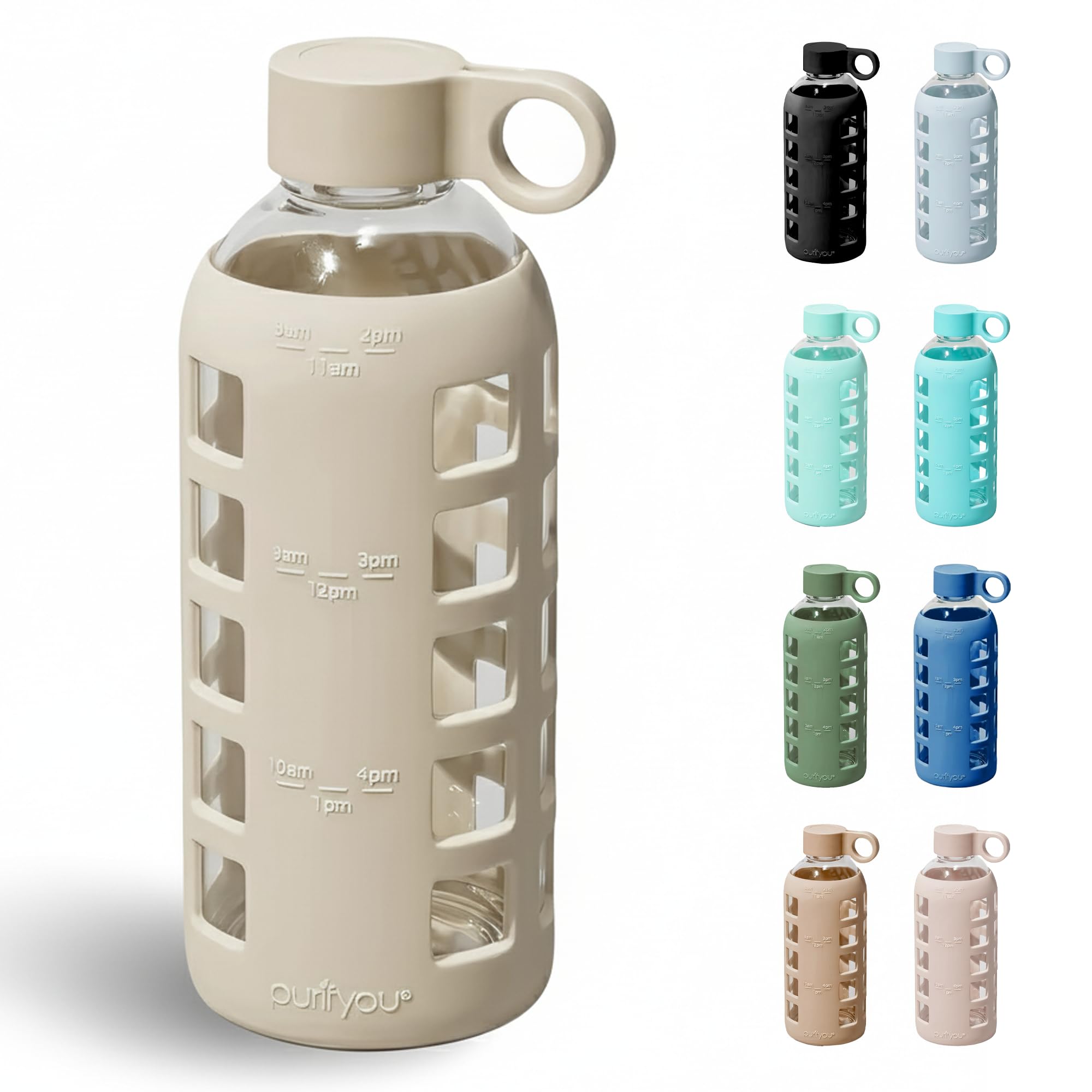 purifyou 40oz / 32oz / 22oz / 12oz Borosilicate Glass Water Bottle with Time & Volume Markers, Silicone Sleeve, Stainless Steel Lid | Reusable Glass Bottle for Water & Juice (32oz Jet Black)
