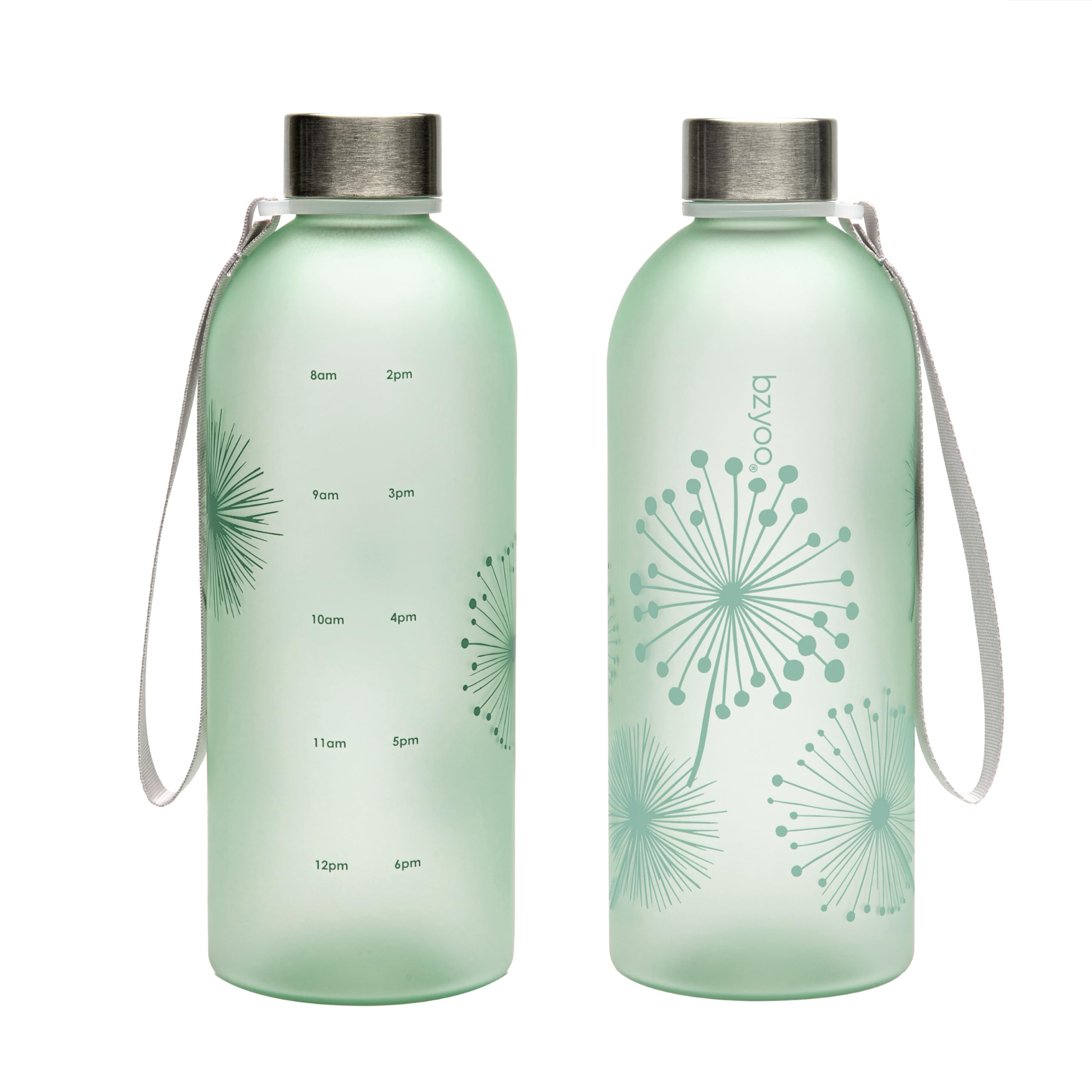 bzyoo 32 OZ 1 Liter Time Marker Water Bottle Frosted Durable Plastic With Strap - Reusable Clear Bottle With Times To Drink Time Markings For Daily Hydration Intake BPA Free (Silver)