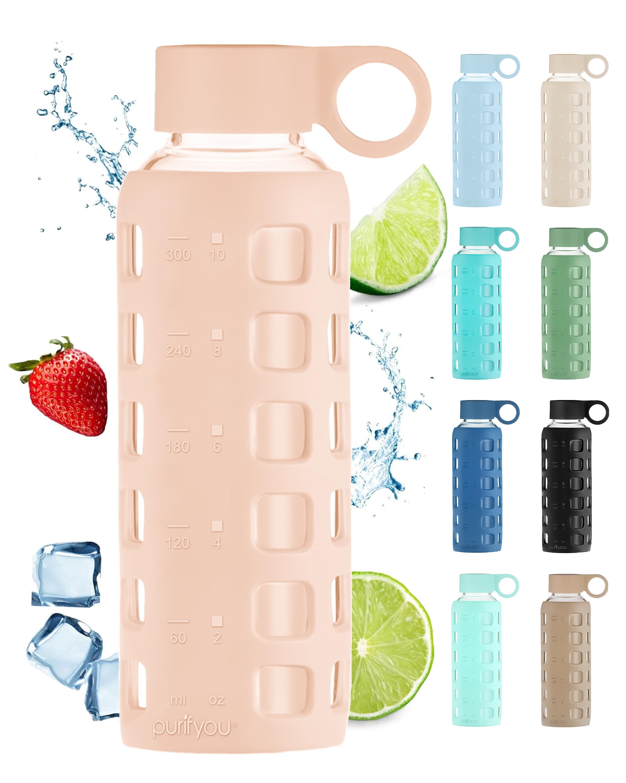 purifyou 40oz / 32oz / 22oz / 12oz Borosilicate Glass Water Bottle with Time & Volume Markers, Silicone Sleeve, Stainless Steel Lid | Reusable Glass Bottle for Water & Juice (32oz Jet Black)