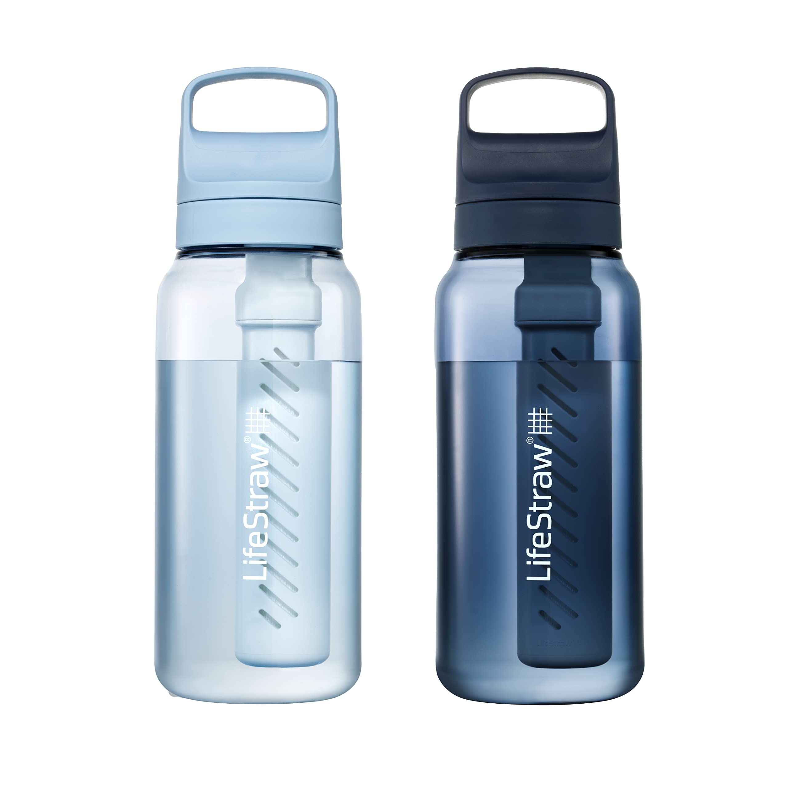 LifeStraw Go Series – BPA-Free Water Filter Bottle for Travel and Everyday Use, Removes Bacteria, Parasites and Microplastics, Improves Taste, 1L 2-Pack Icelandic Blue and Aegean Sea