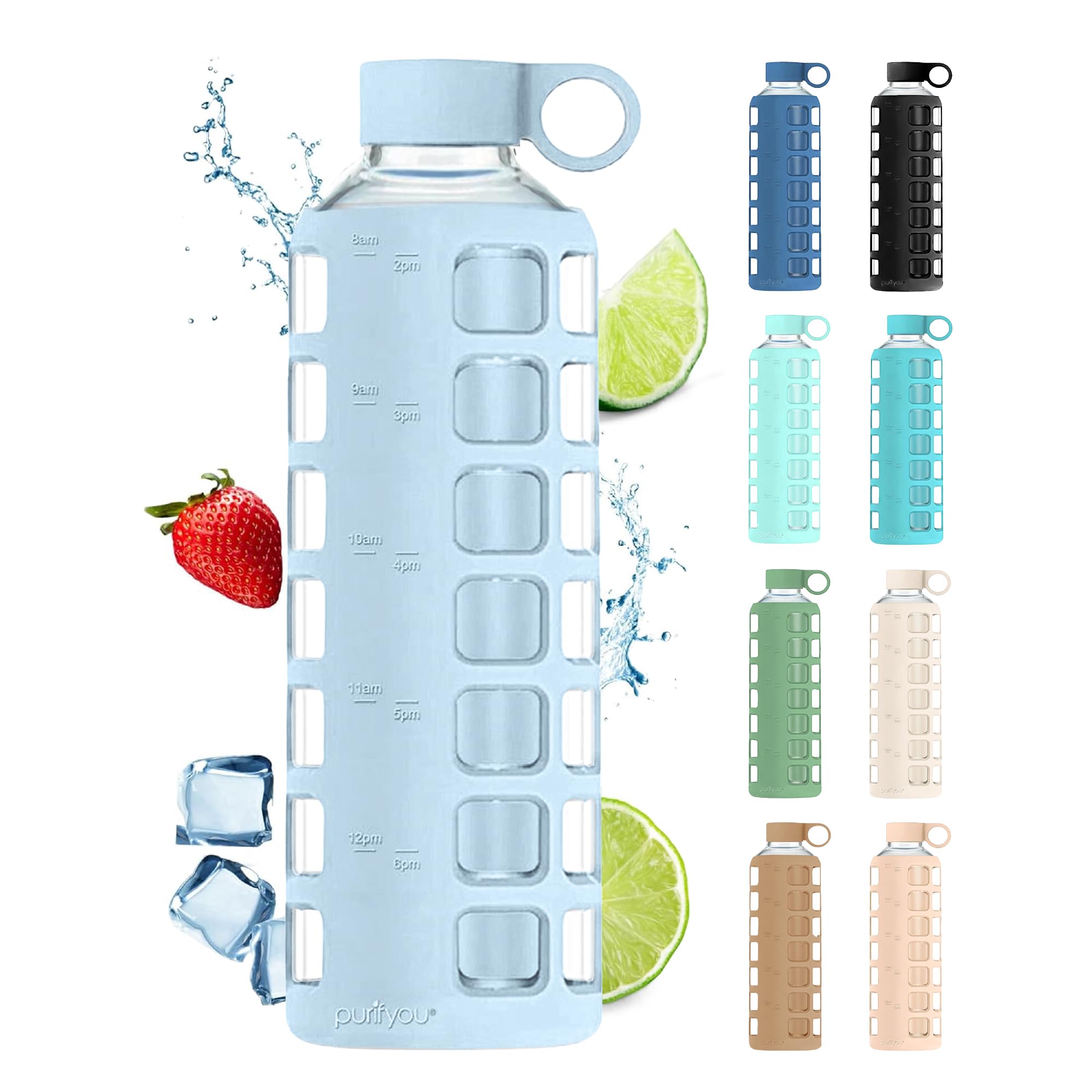 purifyou 40oz / 32oz / 22oz / 12oz Borosilicate Glass Water Bottle with Time & Volume Markers, Silicone Sleeve, Stainless Steel Lid | Reusable Glass Bottle for Water & Juice (32oz Jet Black)