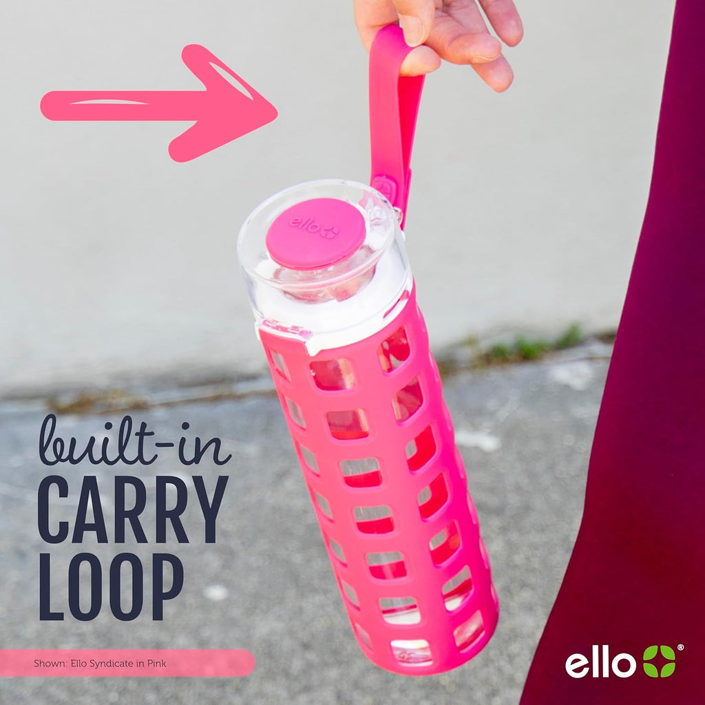 Ello Syndicate 20oz Reusable Glass Water Bottle with One-Touch Leak Proof Flip Lid and Protective Non-Slip Silicone Sleeve and Carry Loop for Coffee, Tea and Water, BPA-free, Dishwasher Safe, Pink